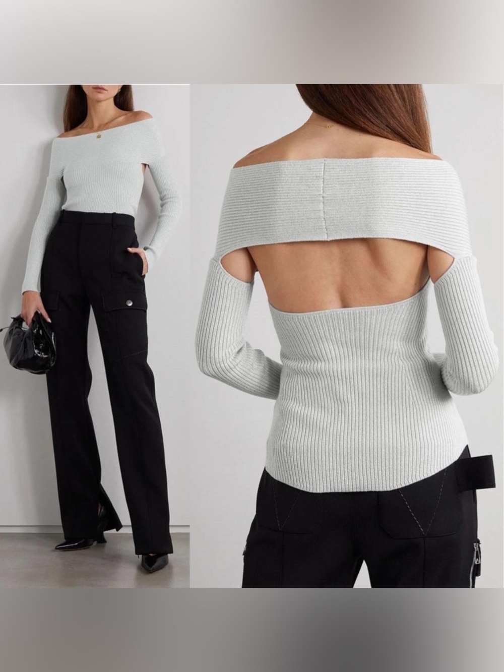 KHAITE Salma Off Shoulder Rib Knit Wool Top Long-Sleeve Chrome Medium NWT
